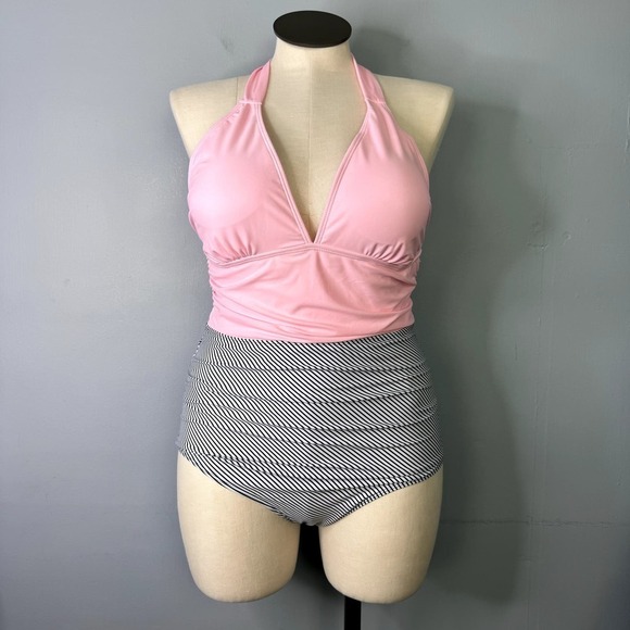 Pink Black and White Striped Ruched Plunge Halter Tie Swimsuit Women's Size L - Picture 1 of 12